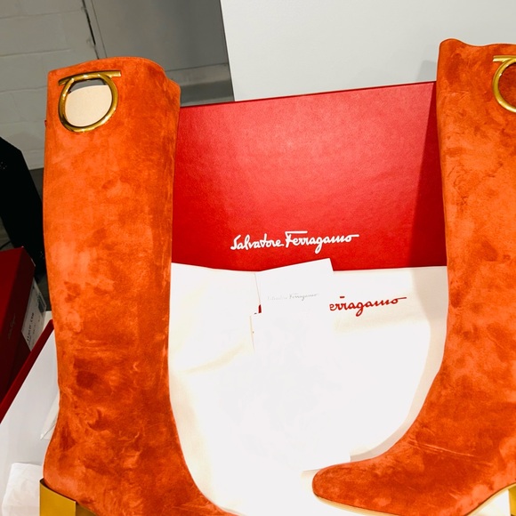 Salvatore Ferragamo Orange Suede Heeled Boots with Gold Accents - Picture 2 of 4
